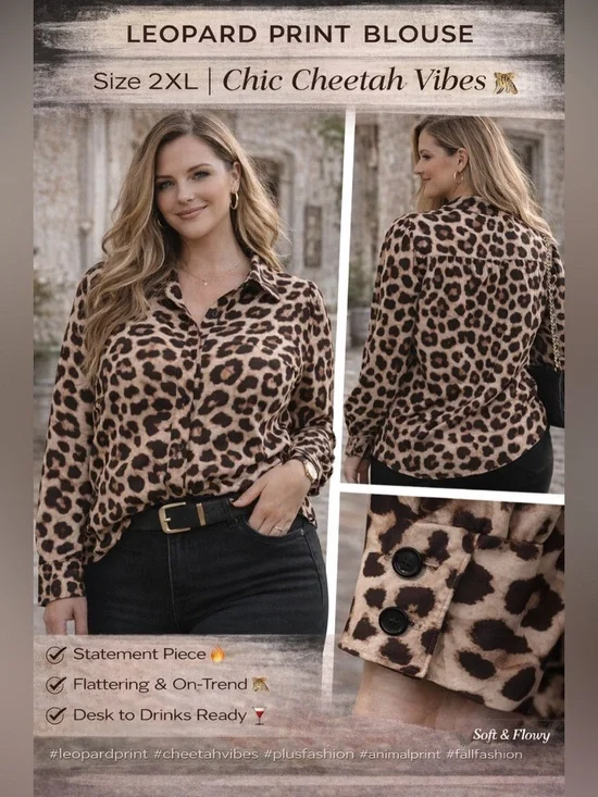 zeagoo Leopard Print Blouse 2XL | Chic Cheetah Vibes Button-Up Top - Picture 1 of 5